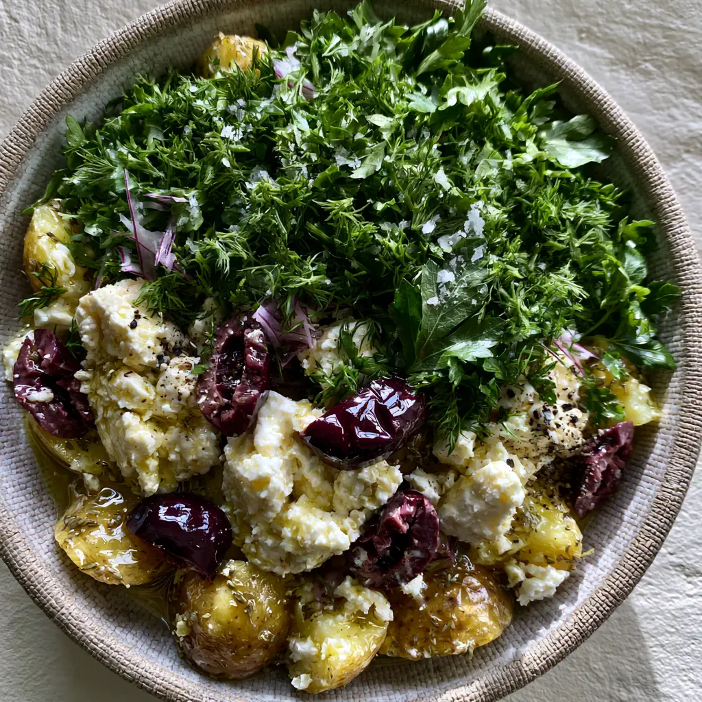 Top-down view of Greek potato salad with fork-tender gold potatoes and glossy lemon vinaigrette.