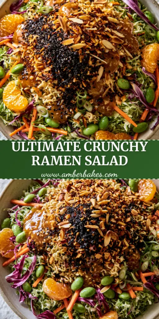 Top-down view of a vibrant Ramen noodle salad in a matte ceramic bowl with toasted golden noodles and mandarin oranges.