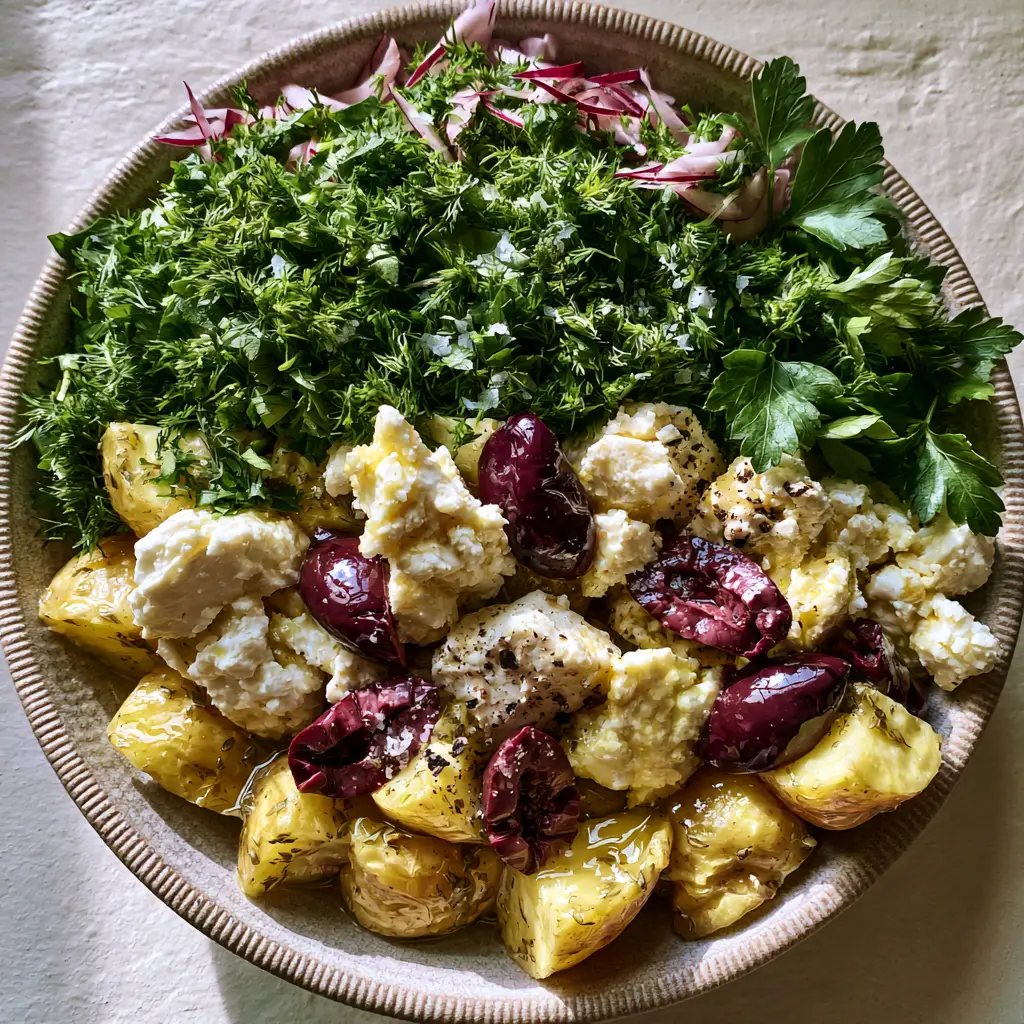 Close-up of Greek potato salad highlighting rustic feta crumbles and a dense forest of dill and parsley.