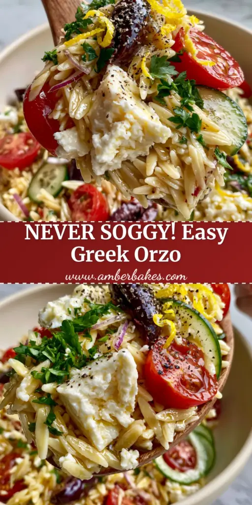 A wooden spoon lifting a scoop of Greek Orzo Pasta Salad from a matte cream bowl, showing al dente orzo, feta chunks, and halved cherry tomatoes.