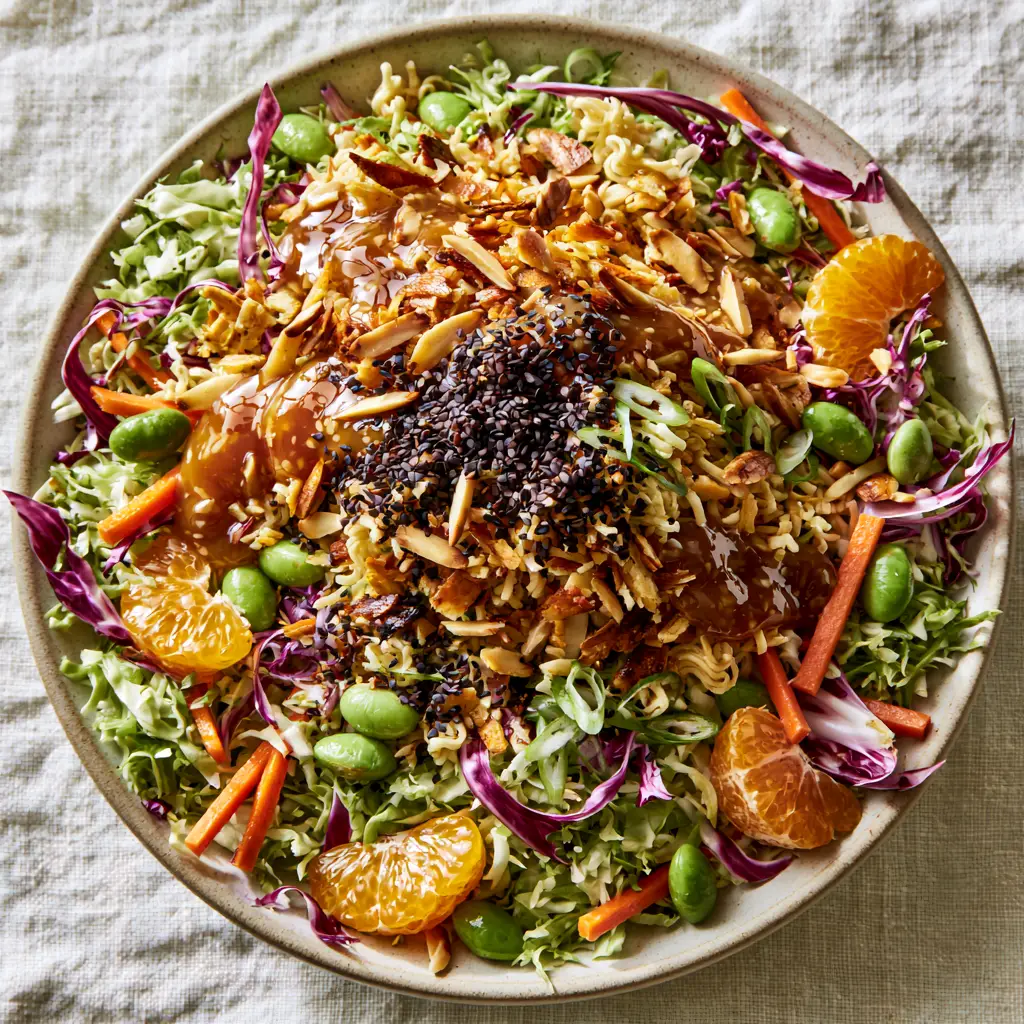 Ramen noodle salad topped with deeply toasted golden-brown noodles and black sesame seeds.