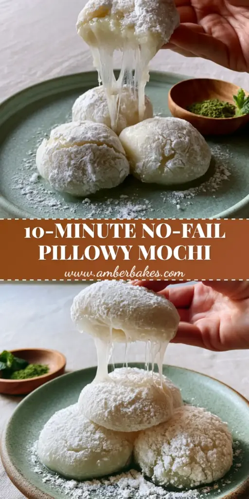 A hand pulling a piece of snow-white, elastic Mochi on a sage green plate, showcasing the stretchy texture.
