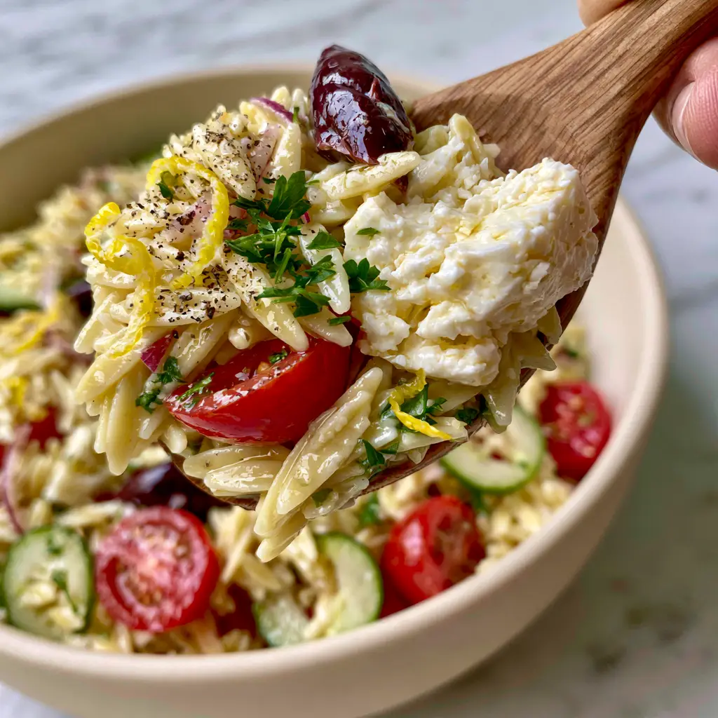 Smartphone photo of Greek Orzo Pasta Salad on a marble countertop with a wooden spoon scoop and fresh lemon zest curls.