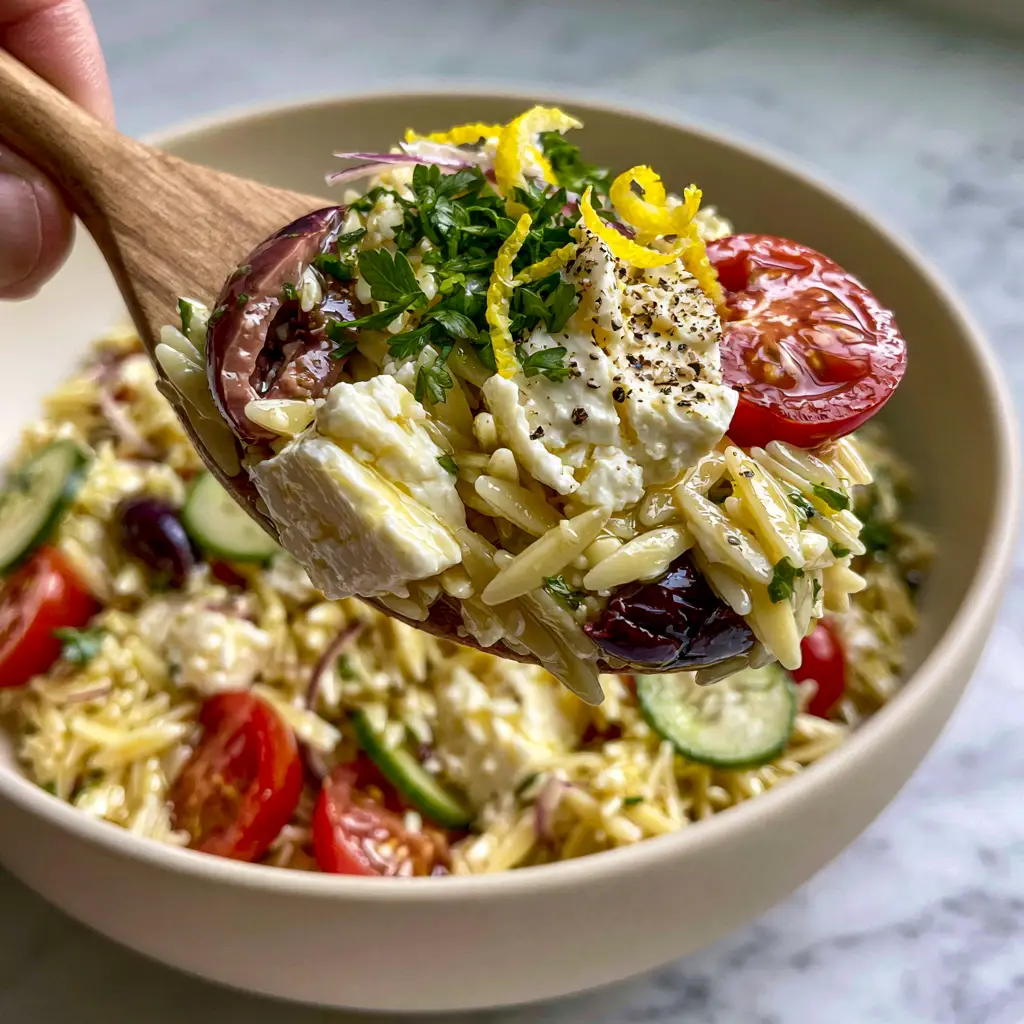 Close-up of Greek Orzo Pasta Salad in a cream bowl featuring Kalamata olives, Persian cucumber moons, and red onion slivers.
