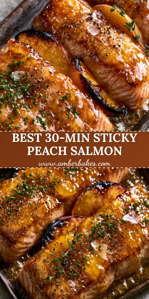 A top-down angled close-up of three thick Maple Peach Glazed Salmon fillets on a dark sheet pan with caramelized peaches and fresh herbs.