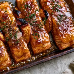 Close up of glossy Maple Peach Glazed Salmon showing bubbling edges and golden-amber glaze.