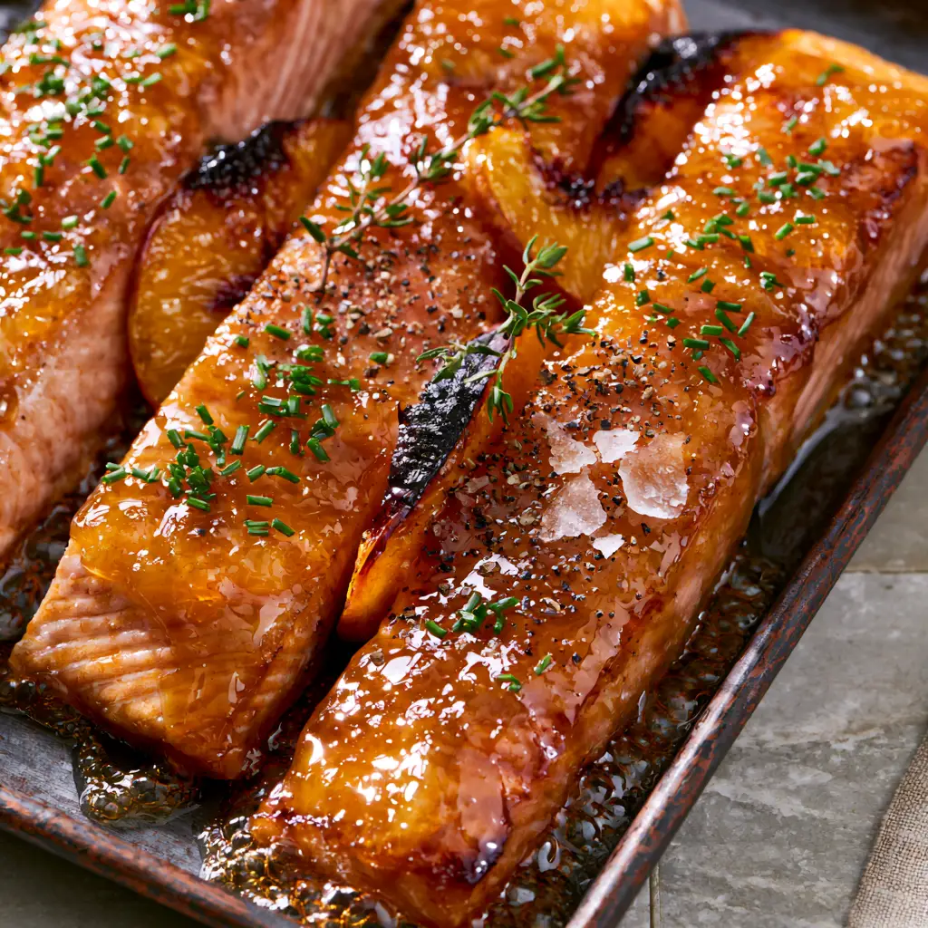 Roasted Atlantic salmon fillets with charred peach slices, chives, and flaky sea salt on a rustic pan.