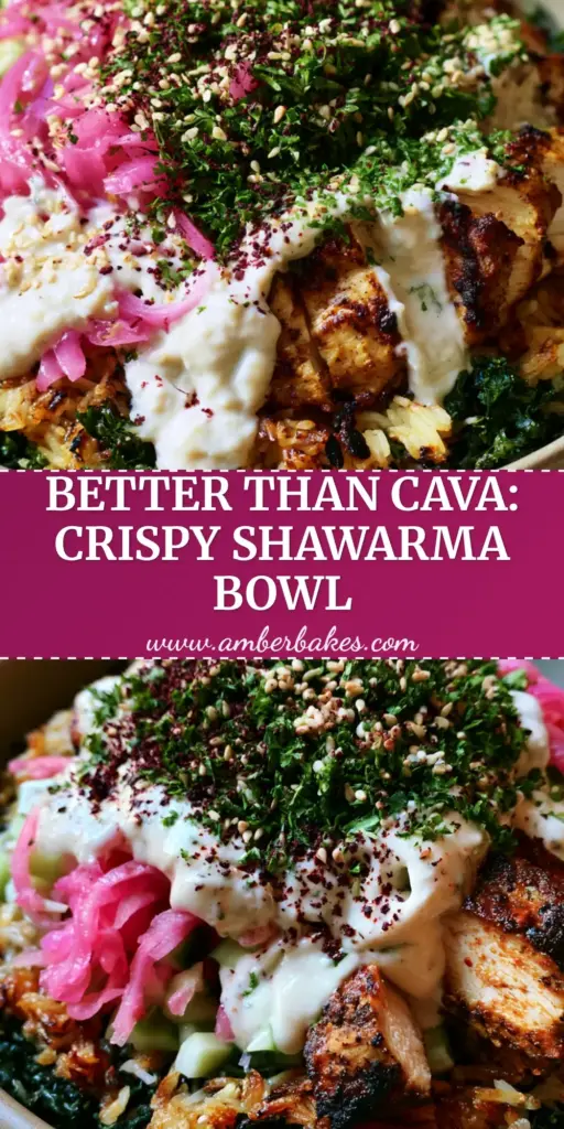 A macro shot of a Chicken shawarma crispy rice salad bowl with charred chicken, crispy rice, kale, and tahini drizzle.