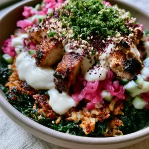 Close-up 45-degree angle of a Chicken shawarma crispy rice salad with visible seared spices and creamy tahini.