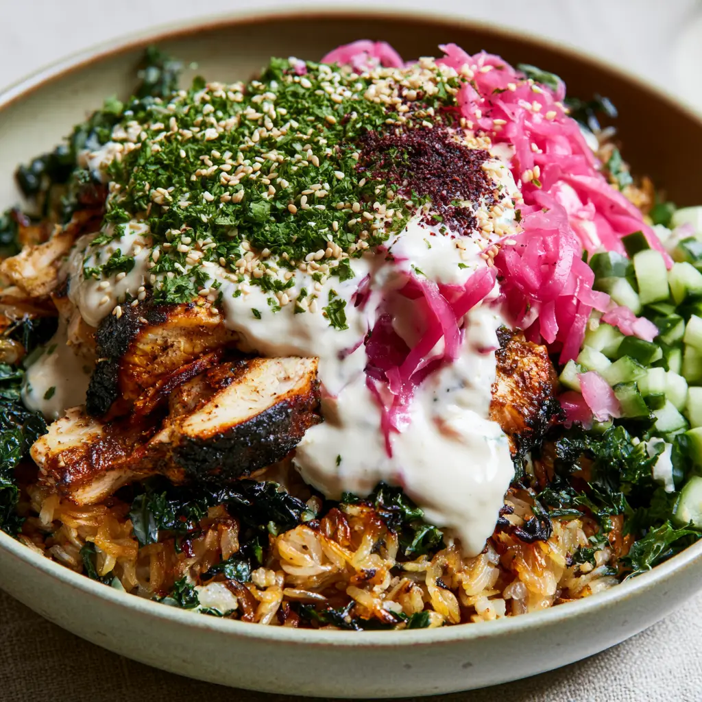 A vibrant Mediterranean bowl featuring shredded kale, diced cucumbers, and bright pink pickled red onions.