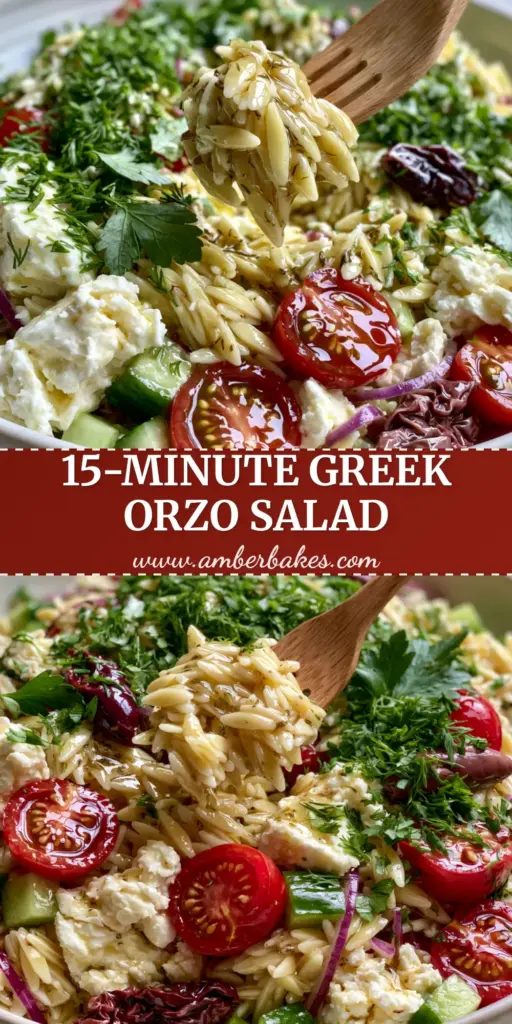 A handheld smartphone photo of a vibrant Greek pasta salad in a white bowl featuring orzo, feta chunks, and fresh herbs.