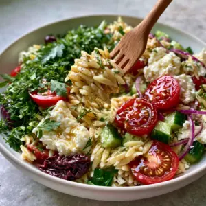 Close up of Greek pasta salad with glistening cherry tomatoes, olives, and a wooden fork lifting orzo pearls.