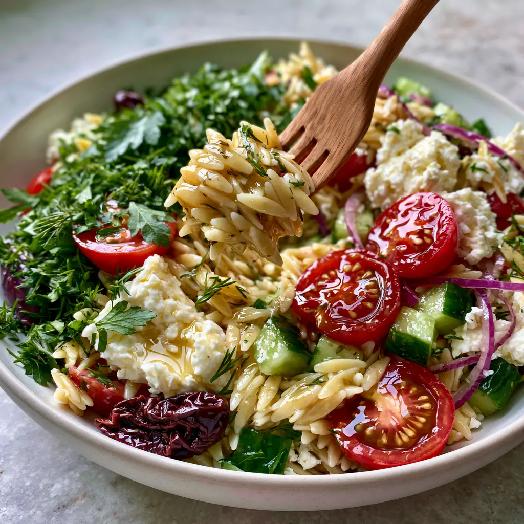 Close up of Greek pasta salad with glistening cherry tomatoes, olives, and a wooden fork lifting orzo pearls.