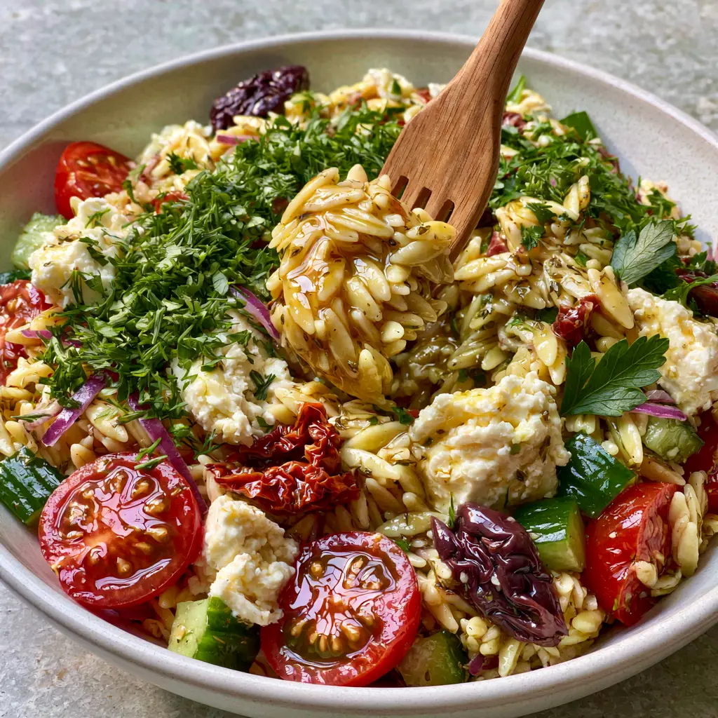 Top down view of Greek pasta salad in a white ceramic bowl on a gray stone countertop.