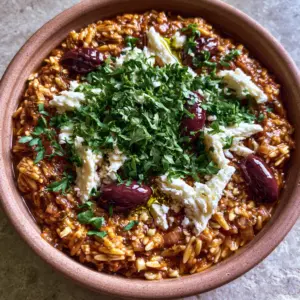 Close-up smartphone photo of Manestra orzo grains perfectly coated in thick tomato herb sauce with crumbled white feta and green parsley.