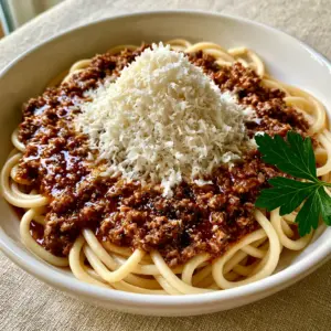 Overhead handheld shot of Makaronia Me Kima showing the deep red sauce and finely crumbled beef flecked with oregano.