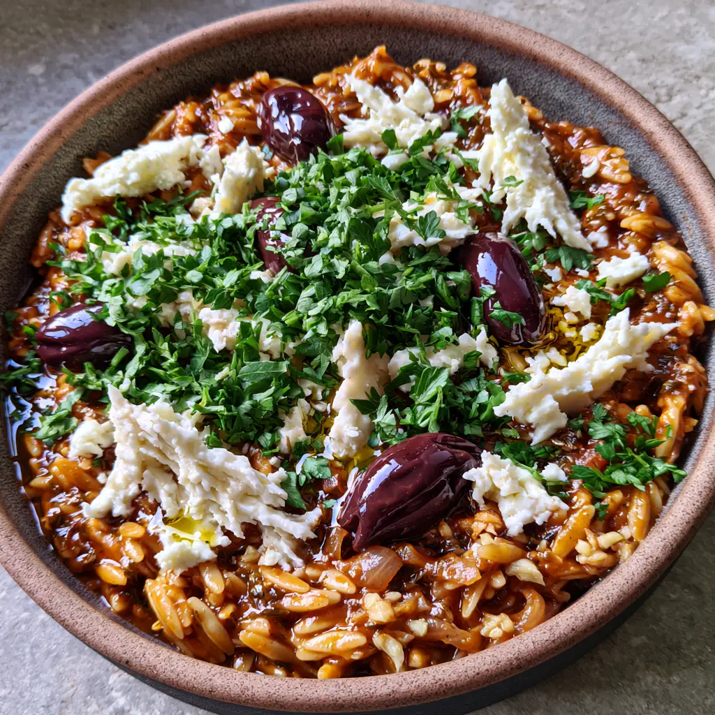 Top-down view of Manestra garnished with whole kalamata olives and a shimmering drizzle of extra virgin olive oil in natural light.