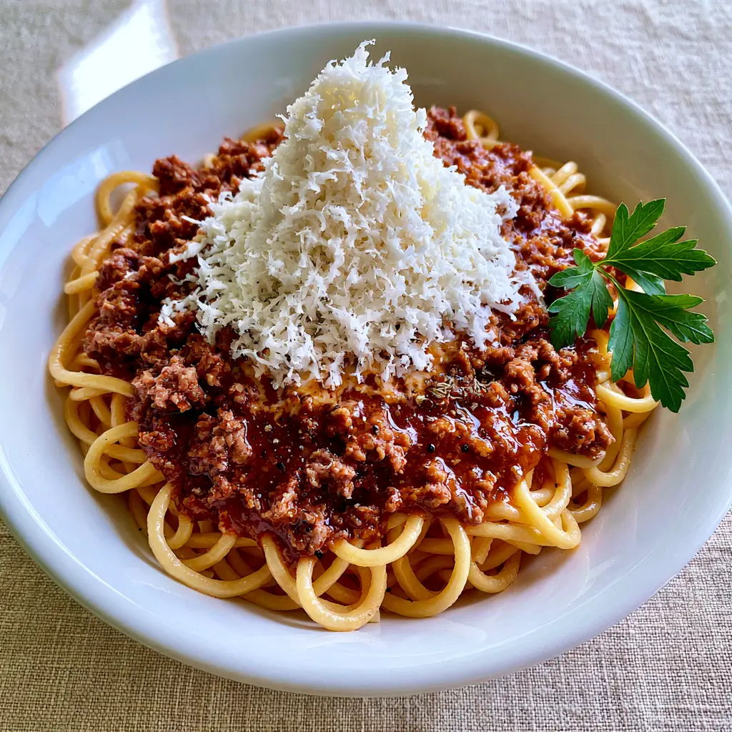 Close up of snow-white Kefalotyri cheese melting into the warm, spiced meat sauce of Makaronia Me Kima.