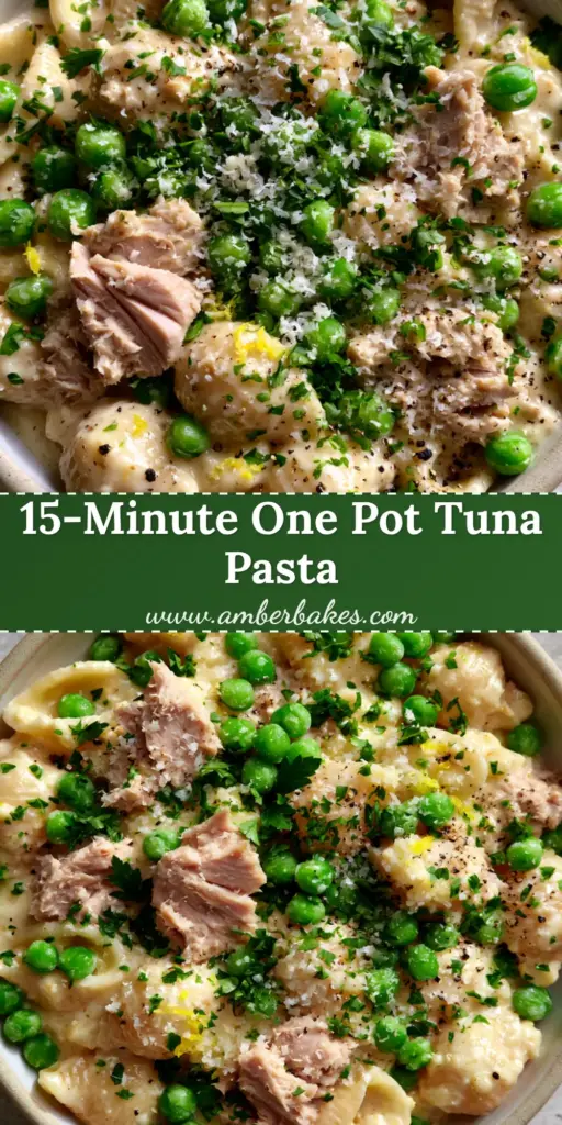 A top-down shot of Creamy Parmesan tuna pasta in a ceramic bowl, garnished with micro-planed cheese and bright green peas.