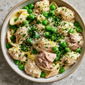 Close up of glossy ivory parmesan sauce coating medium pasta shells with large tuna flakes. (Creamy Parmesan tuna pasta)