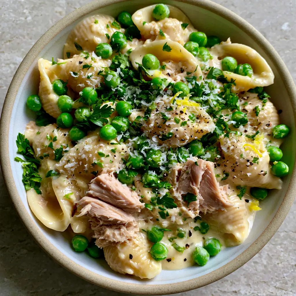 Top-down view of Creamy Parmesan tuna pasta showing vibrant green peas, pink tuna, and yellow lemon zest.