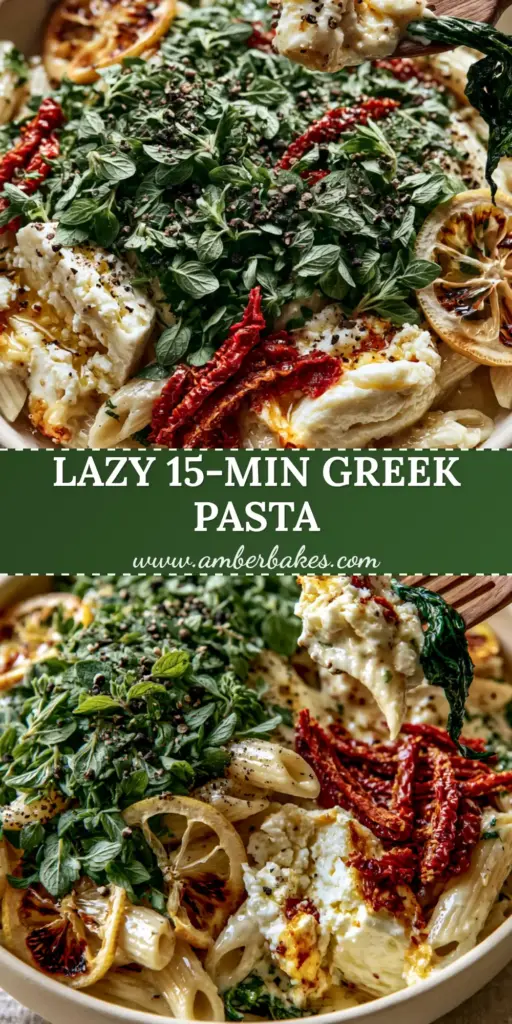 A close-up vertical shot of Greek pasta with penne, melting feta chunks, and charred lemon slices in a matte cream bowl. (Greek pasta)