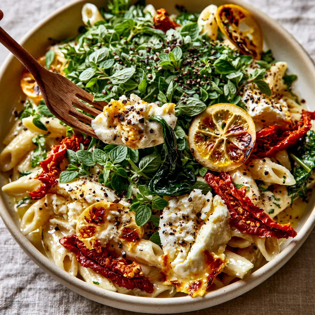 A wooden fork lifting a bite of Greek pasta with wilted spinach and a charred lemon slice in the background.