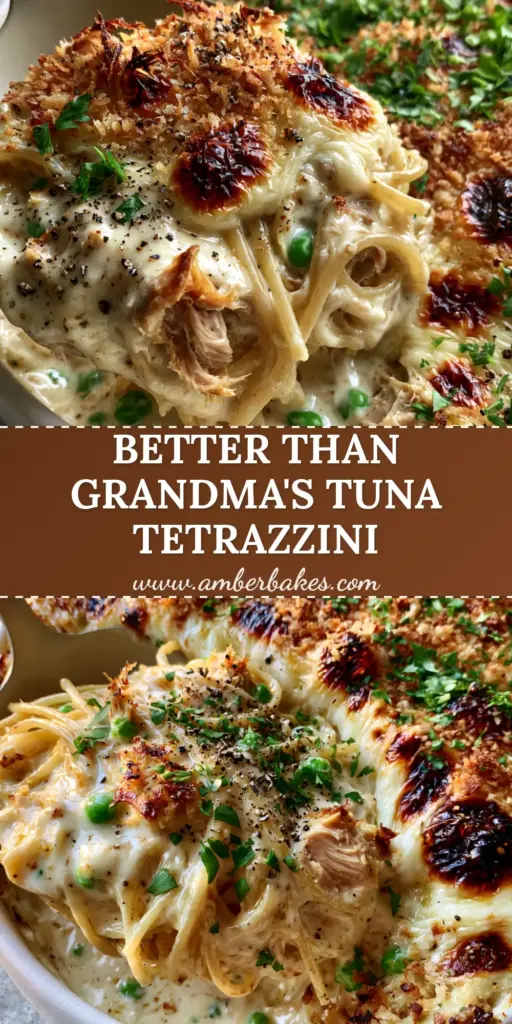 A steaming scoop of Tuna Tetrazzini being lifted from a white baking dish, showing glossy ivory sauce and bubbly mozzarella.