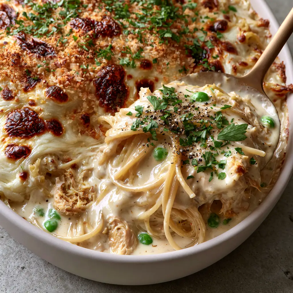 Close-up of the bubbly, blistered cheese crust on the Tuna Tetrazzini.