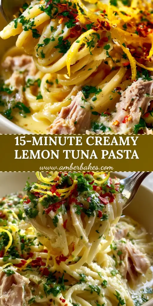 A close-up of glossy Tuna Pasta with lemon zest curls and fresh parsley in a ceramic bowl.