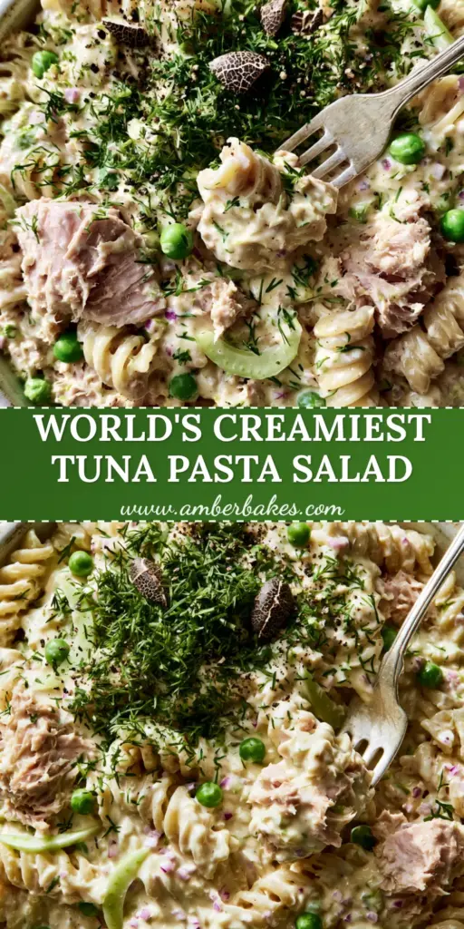 A close-up shot of creamy Tuna pasta salad in a white bowl, showing chunky pink tuna, bright green peas, and fresh dill garnish.
