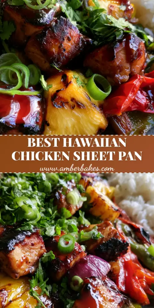 A close-up of a Hawaiian chicken sheet pan dinner with mahogany glaze and charred pineapple. (hawaiian recipe)
