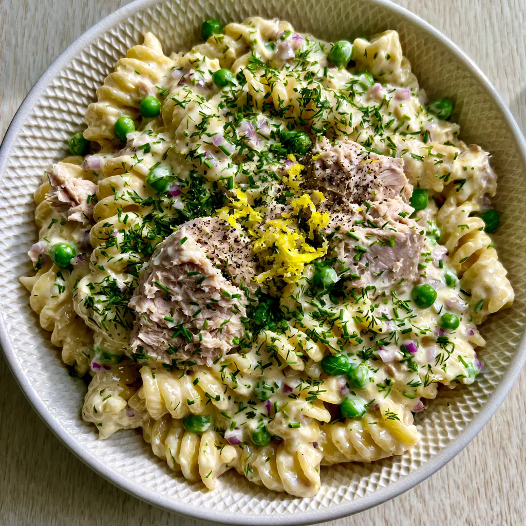 Top-down view of Creamy tuna pasta salad with fusilli, peas, and lemon zest on a wooden background.