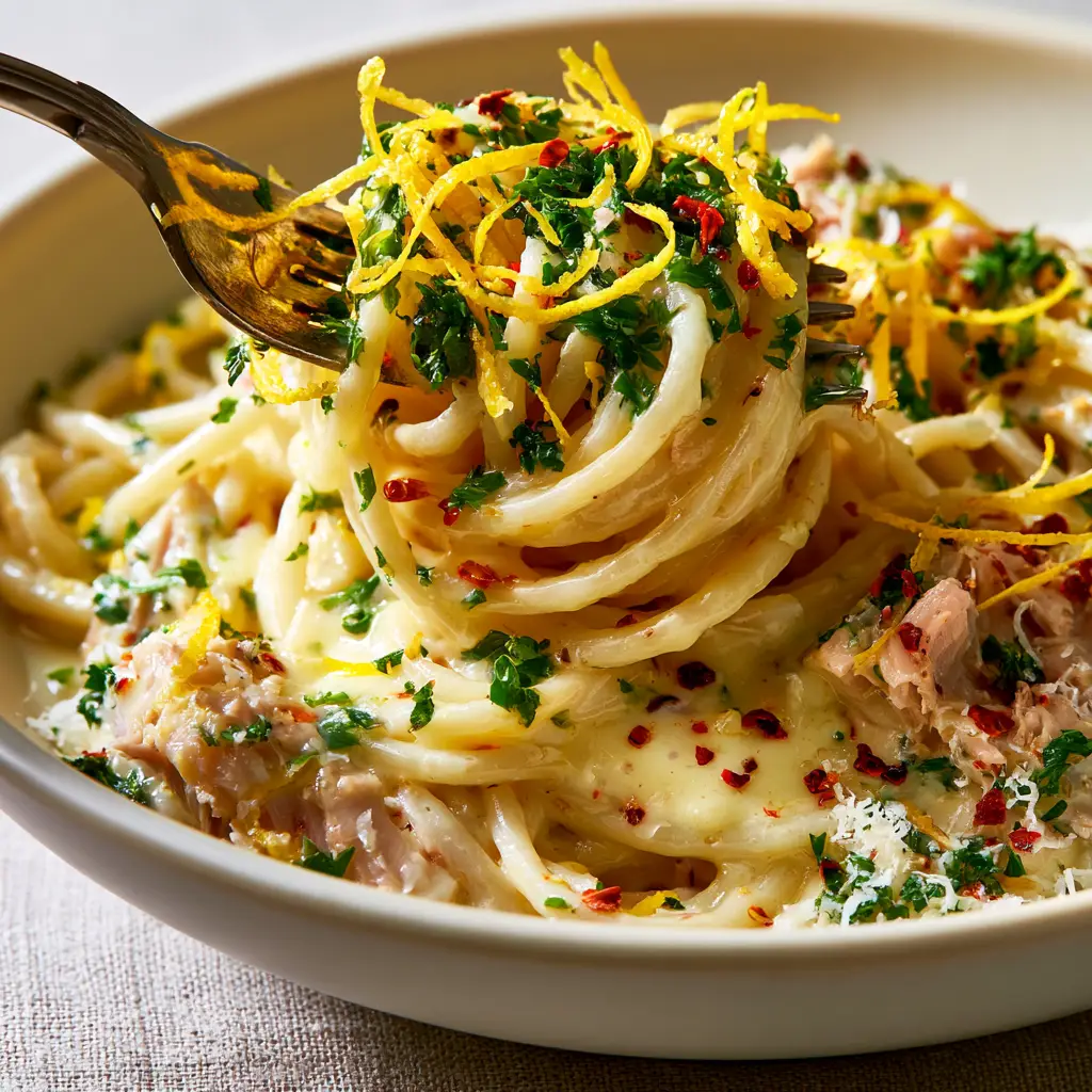 Large meaty flakes of light pink tuna nestled in creamy spaghetti strands with bright green parsley. (Tuna Pasta)