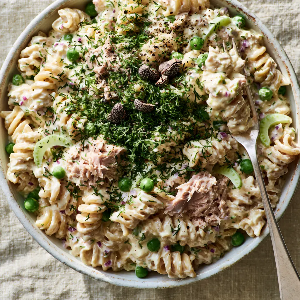 Top-down macro shot of Tuna pasta salad with rotini, chunky tuna flakes, vibrant green peas, and a heavy garnish of dill and black pepper.