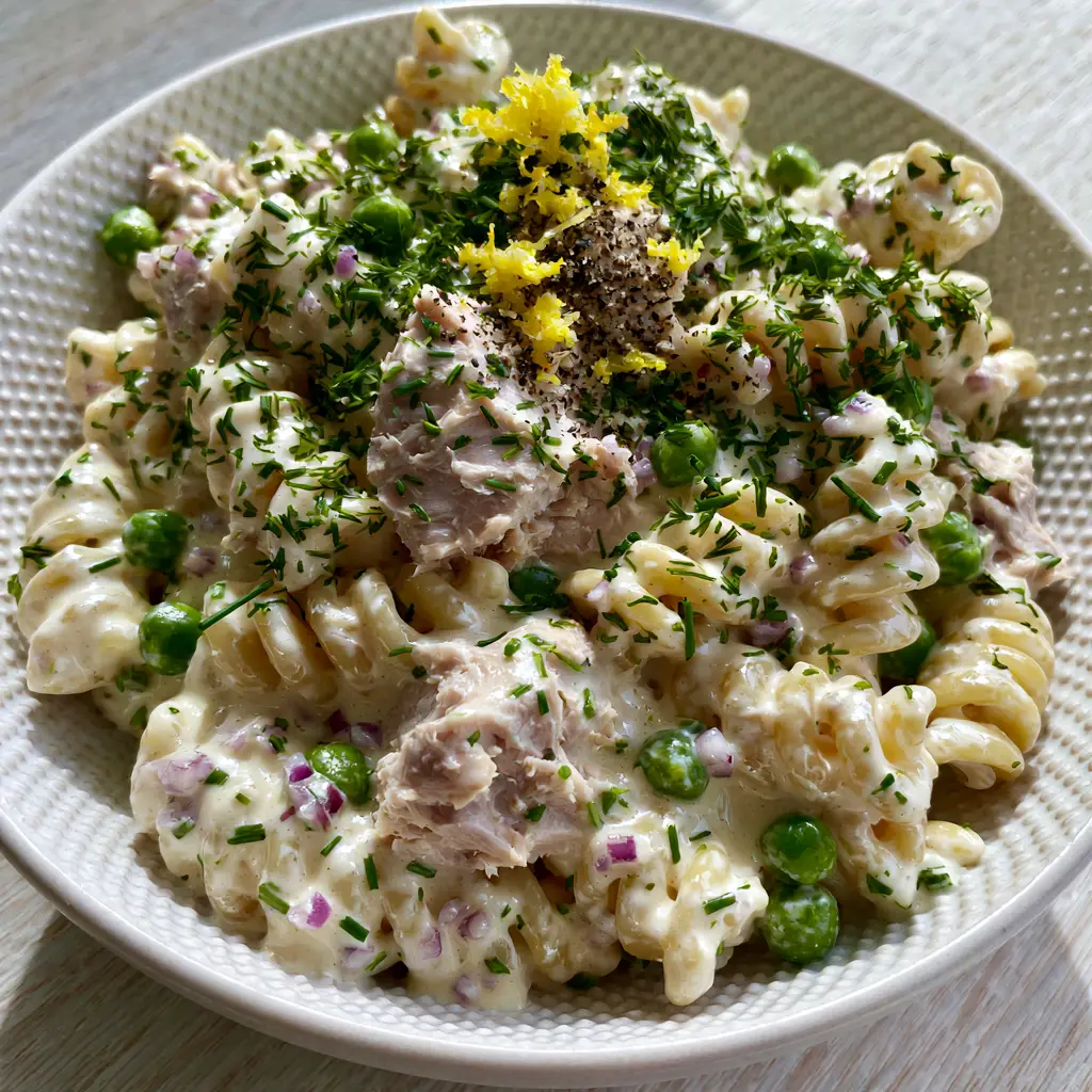 Angled shot of ultra-creamy tuna pasta salad showing the texture of the tuna flakes and herbs.