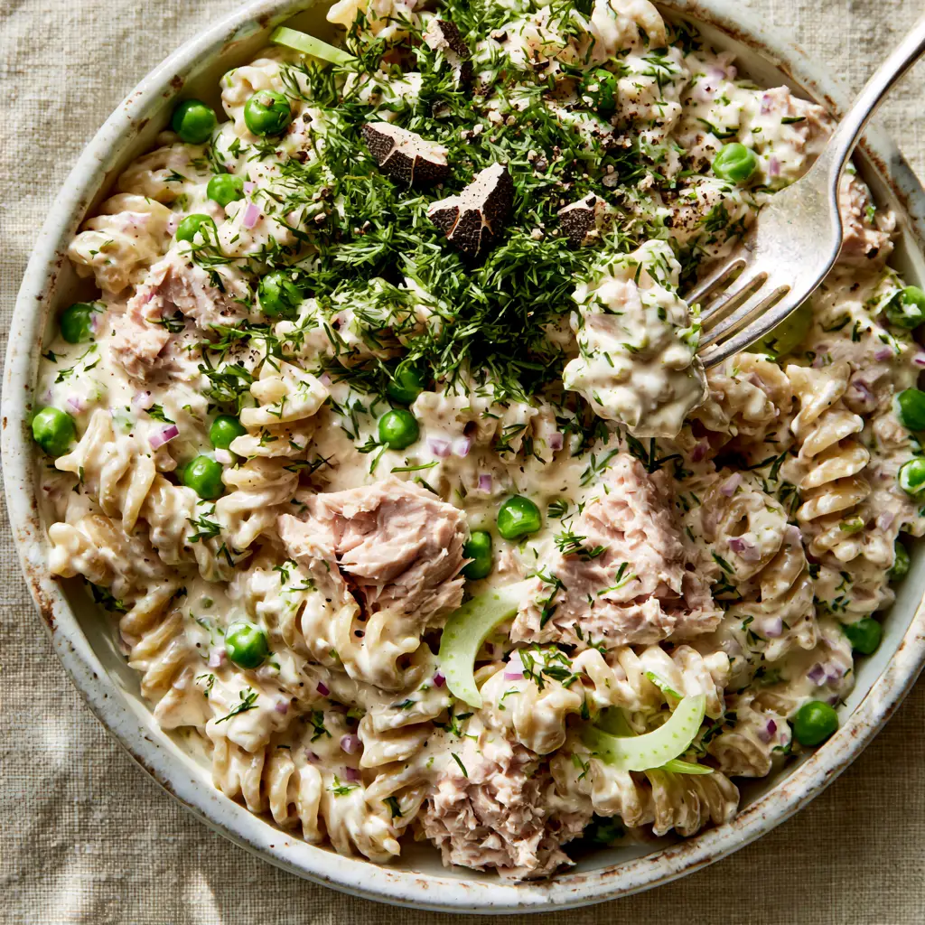 A silver fork lifting a creamy bite of Tuna pasta salad, showing the thick, non-runny consistency of the ivory dressing.