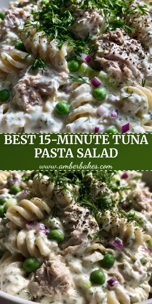 A top-down view of a modern white bowl filled with creamy tuna pasta salad, showing rotini spirals, green peas, and fresh dill garnish.