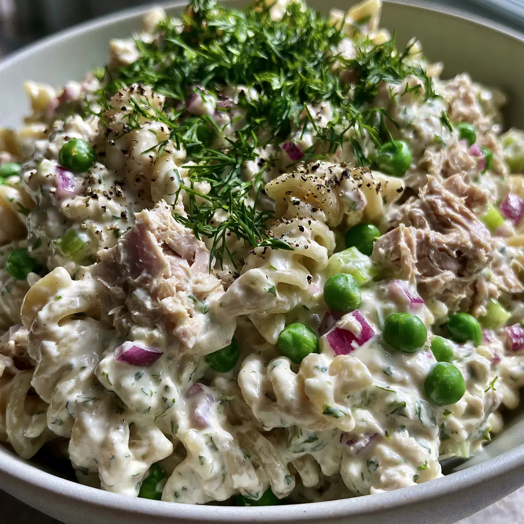 Extreme close-up of Tuna Pasta Salad showing the velvety white dressing, visible herb flecks, and moist tuna flakes.