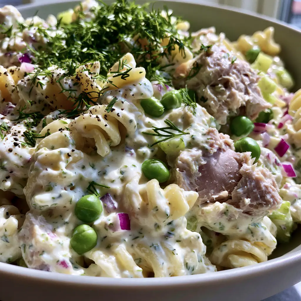 Macro photography of rotini pasta salad with ruby-red onions, sweet peas, and cracked black pepper garnish.