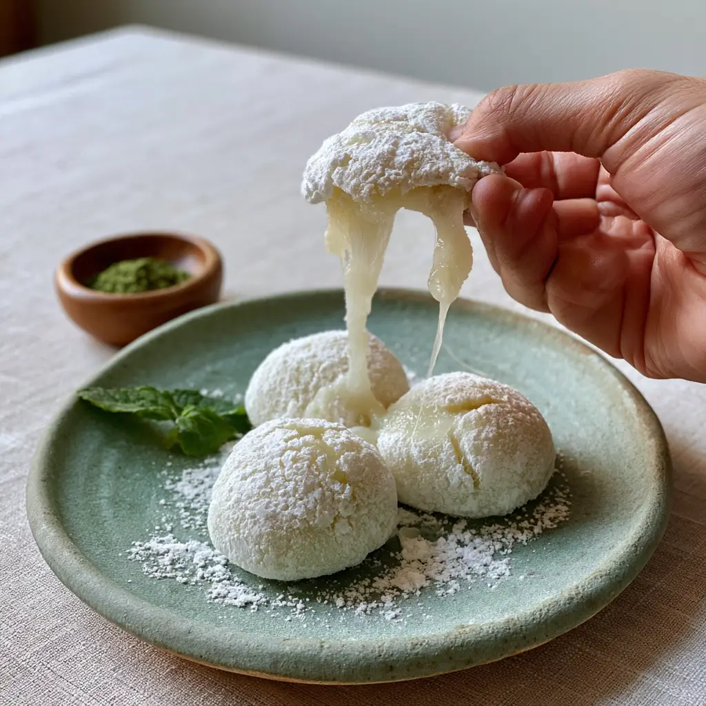 A close-up of a hand stretching white Mochi dough, revealing the glossy and sticky interior under a velvet starch coating.
