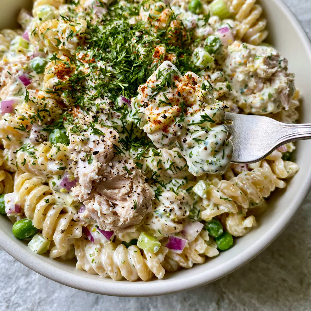 Close-up of a silver fork lifting a bite of tuna pasta salad, showing the dill flecks and moist tuna flakes. (tuna pasta salad)
