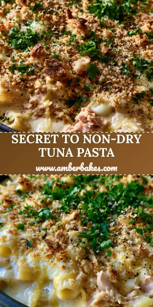 A close-up of a creamy Tuna pasta bake recipe in a rustic matte black dish, featuring bubbly mozzarella and golden sourdough breadcrumbs topped with parsley.