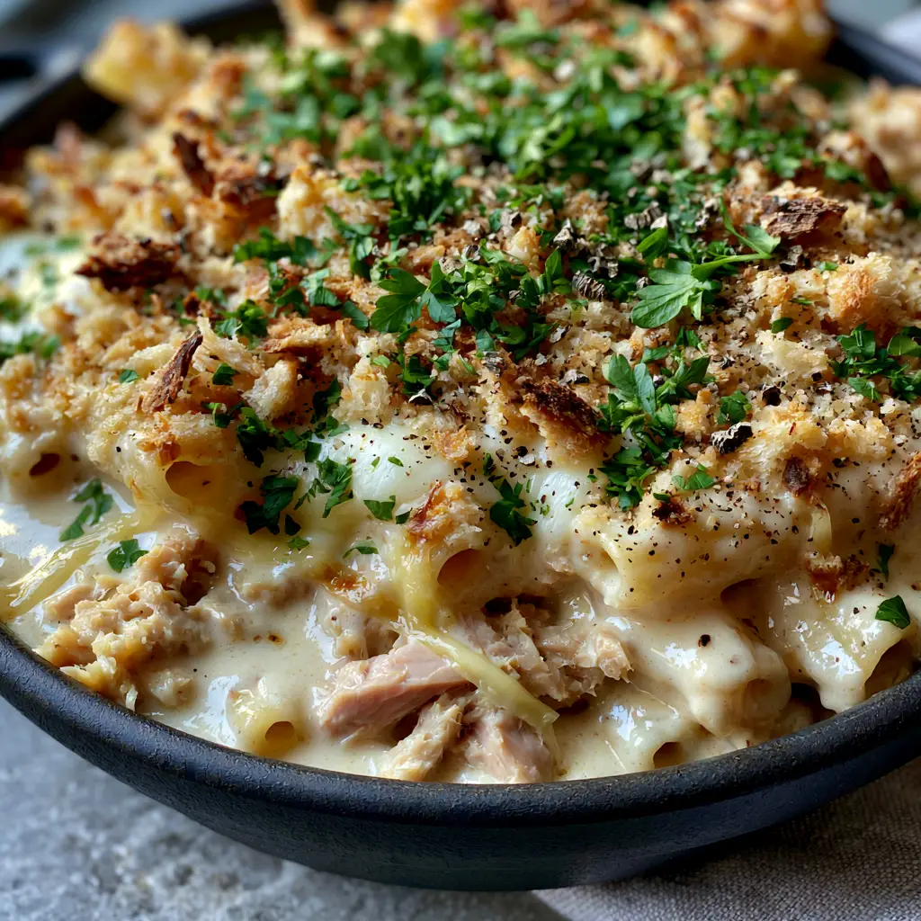 A 45-degree angle shot of the Tuna pasta bake recipe showing the bubbly mozzarella top and jagged breadcrumb texture.
