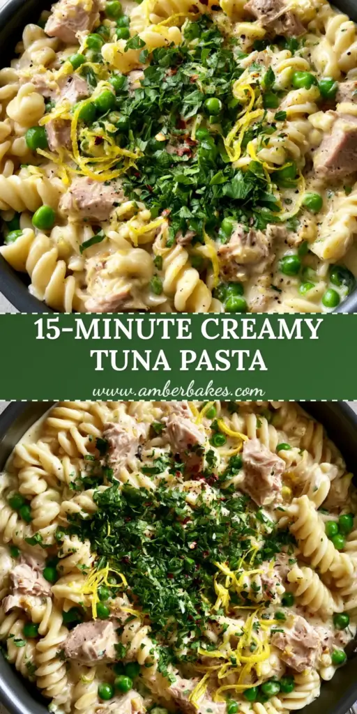Overhead view of creamy tuna pasta with fusilli, peas, and lemon zest in a black ceramic pan. (creamy tuna pasta)