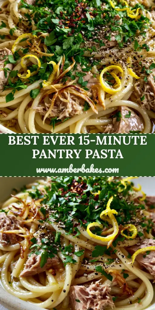 A rustic cream bowl of canned tuna pasta with golden garlic slivers and lemon zest curls on a wooden table. (canned tuna pasta)