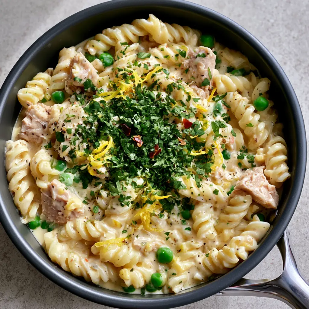 Creamy tuna pasta served in a modern black pan with a silver handle.