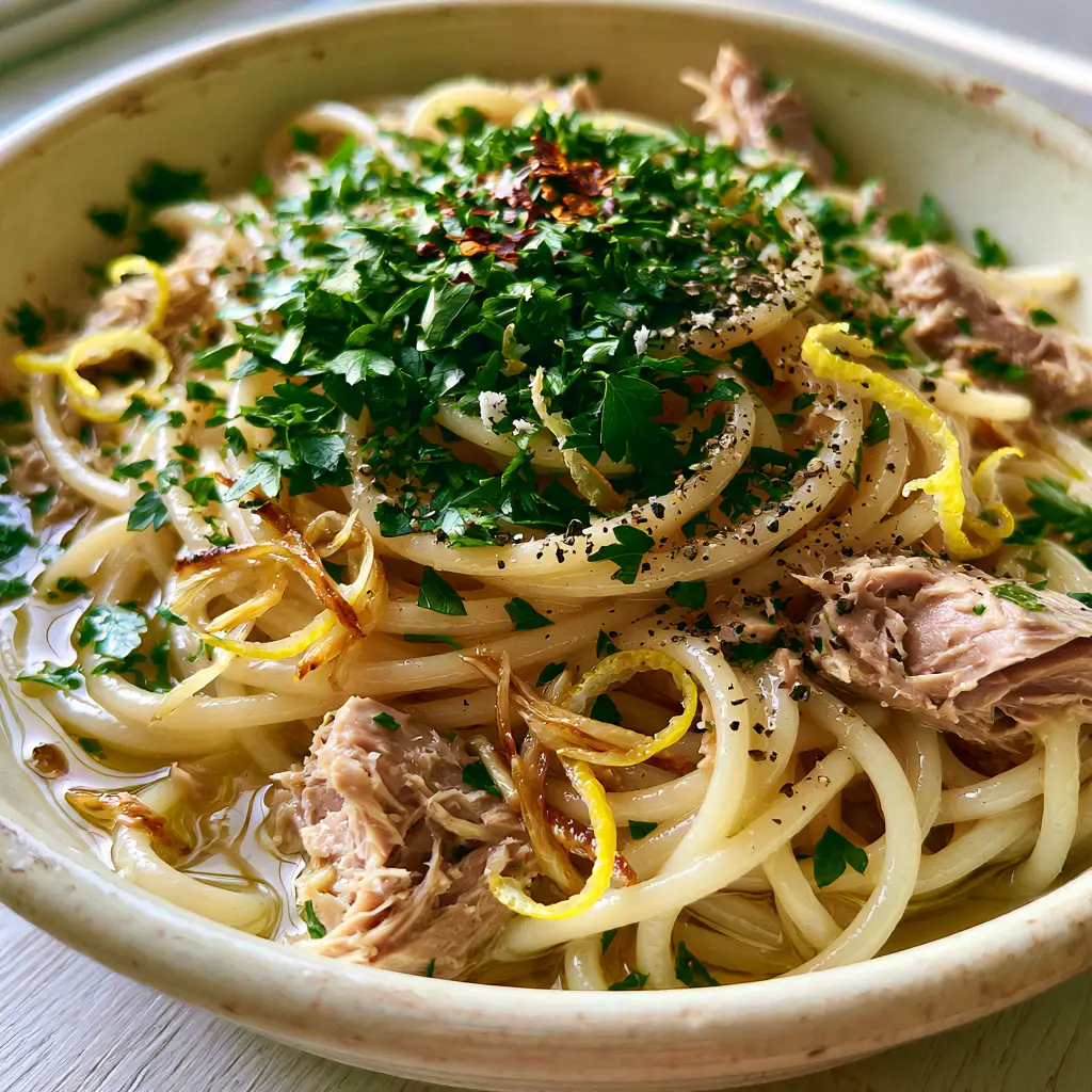 Slivered golden garlic and bright yellow lemon zest curls atop canned tuna pasta.