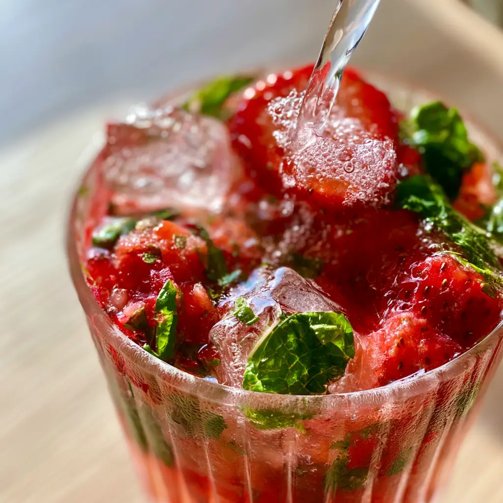 Extreme close-up of a white rum pour into a glass with strawberries and mint. (Strawberry rum cocktails)