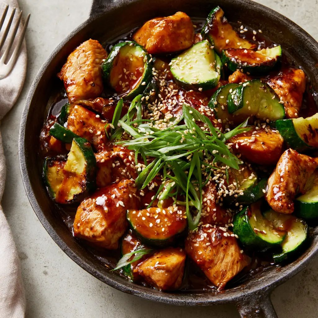 Sizzling skillet of Chicken Zucchini Stir Fry on a light gray countertop with a linen napkin garnish.